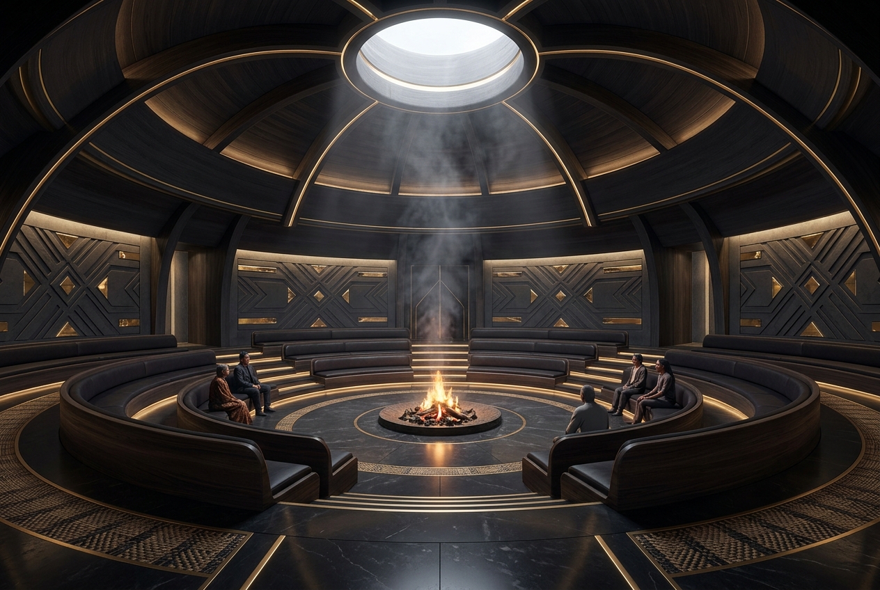 A futuristic Southeastern Woodlands tribal council house with a smoldering sacred fire at its center