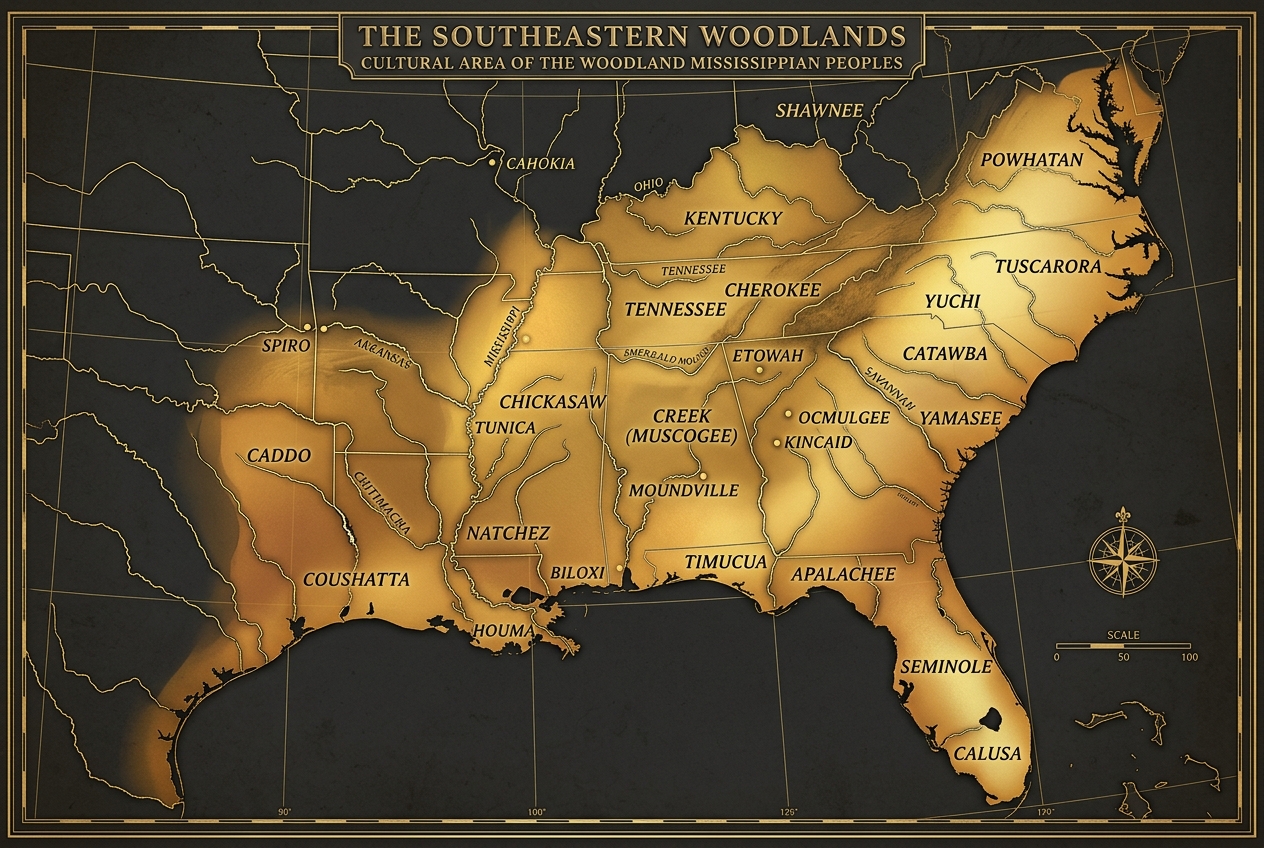 Academic historical map of the Southeastern Woodlands cultural region, ancestral homeland of the Woodland Mississippian peoples, spanning the Southeastern United States from the Atlantic coast to eastern Texas