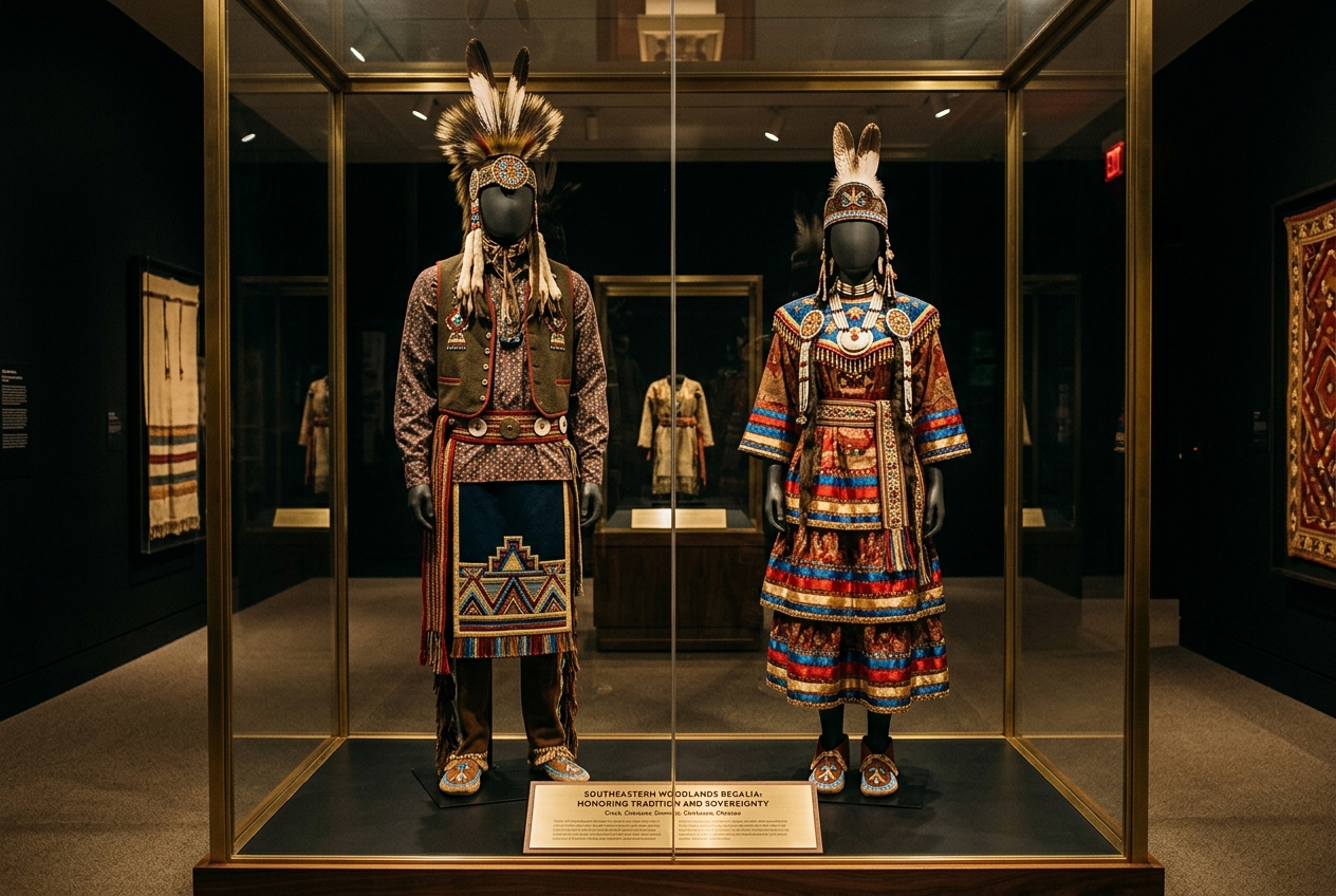 Museum exhibition showcase displaying men's and women's Southeastern Woodlands regalia with beadwork and ribbonwork
