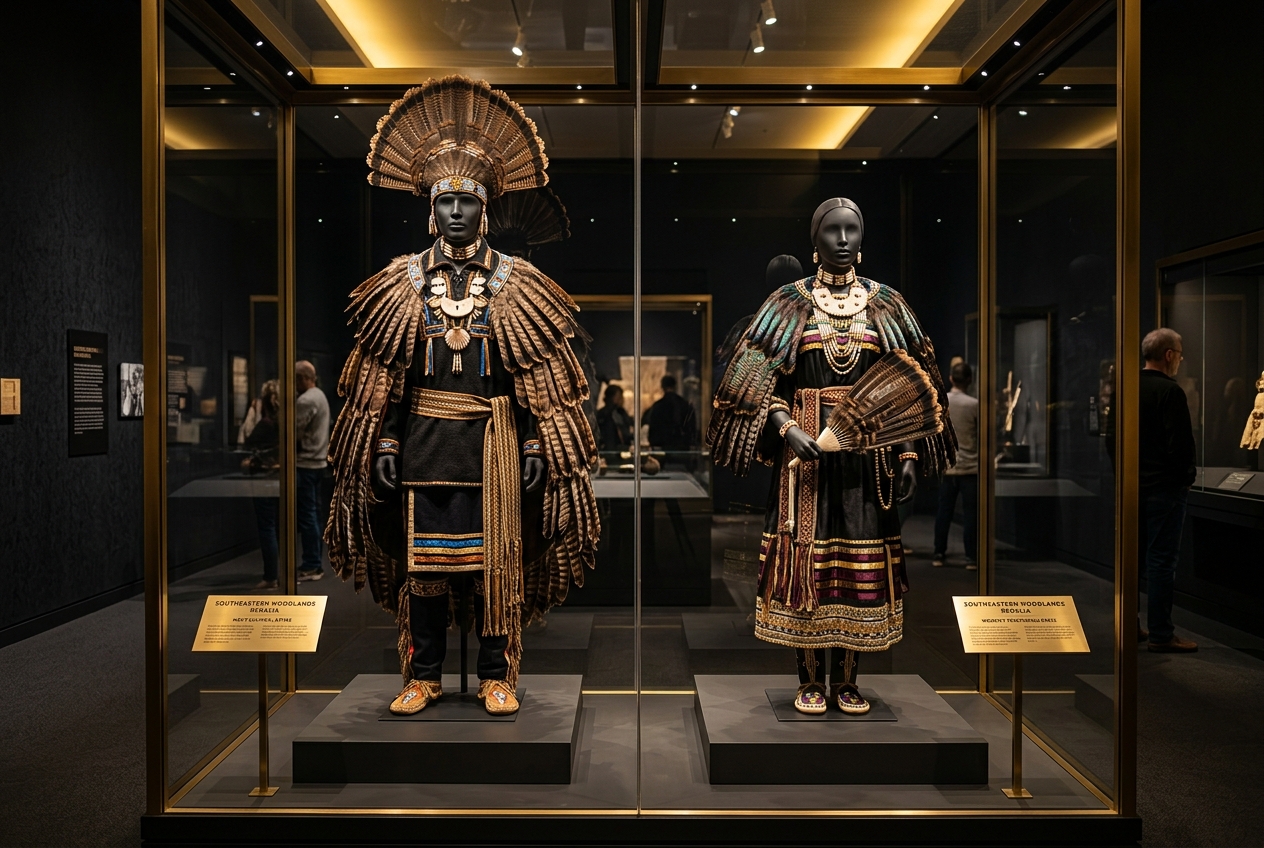 Museum exhibition showcase displaying men's and women's Southeastern Woodlands regalia adorned with turkey feathers